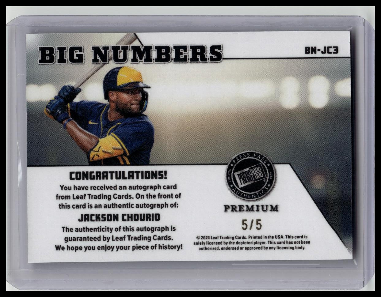 2024 Leaf Press Pass Premium Jackson Chourio “Big #’s” Auto #5/5