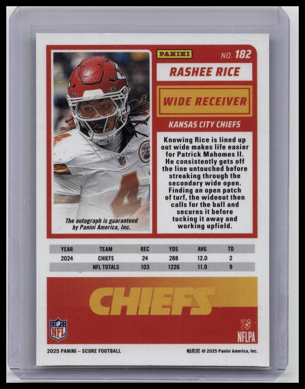 2025 Panini Score Rashee Rice Auto #182 Kansas City Chiefs