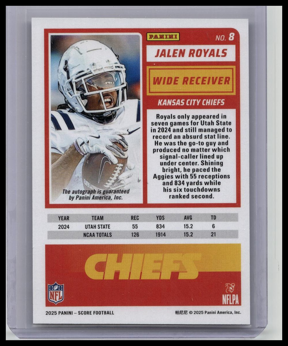 JALEN ROYALS 2025 PANINI SCORE ROOKIE AUTOGRAPH CHIEFS RC AUTO