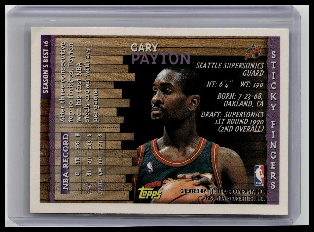 Gary Payton 1996-97 Topps SEASON'S BEST #16 Basketball NBA Card Sticky Fingers