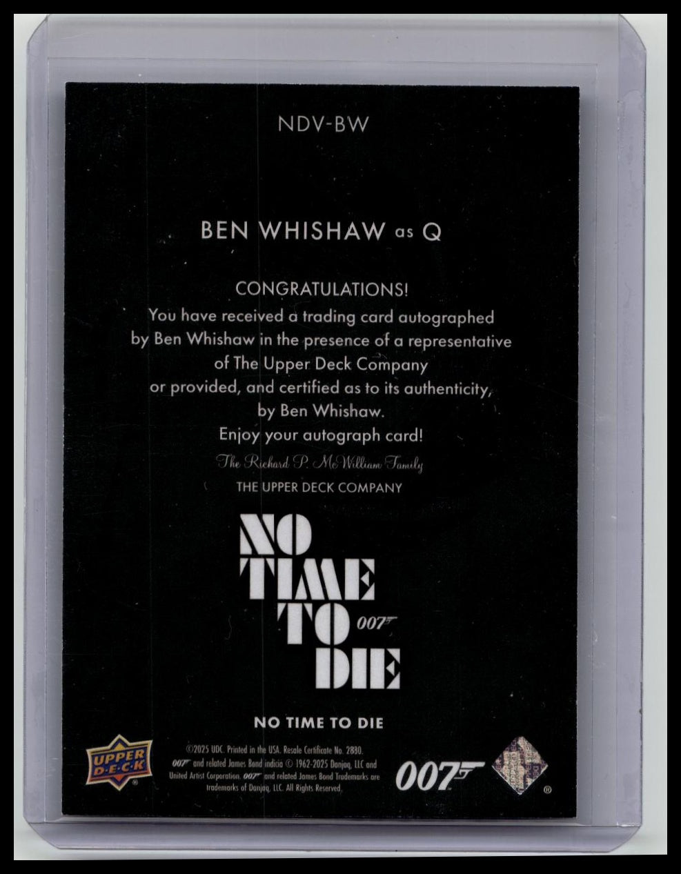 2025 Upper Deck James Bond 007 No Time To #NDV-BW Die Ben Whishaw as Q Auto