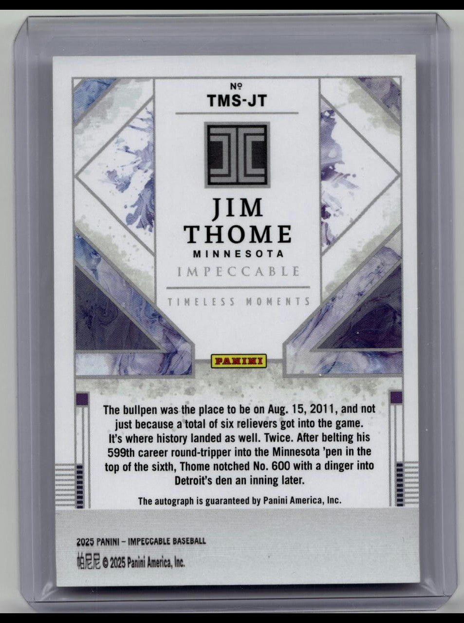 2025 Panini Impeccable Jim Thome Timeless Moments Signatures Auto #'d /25