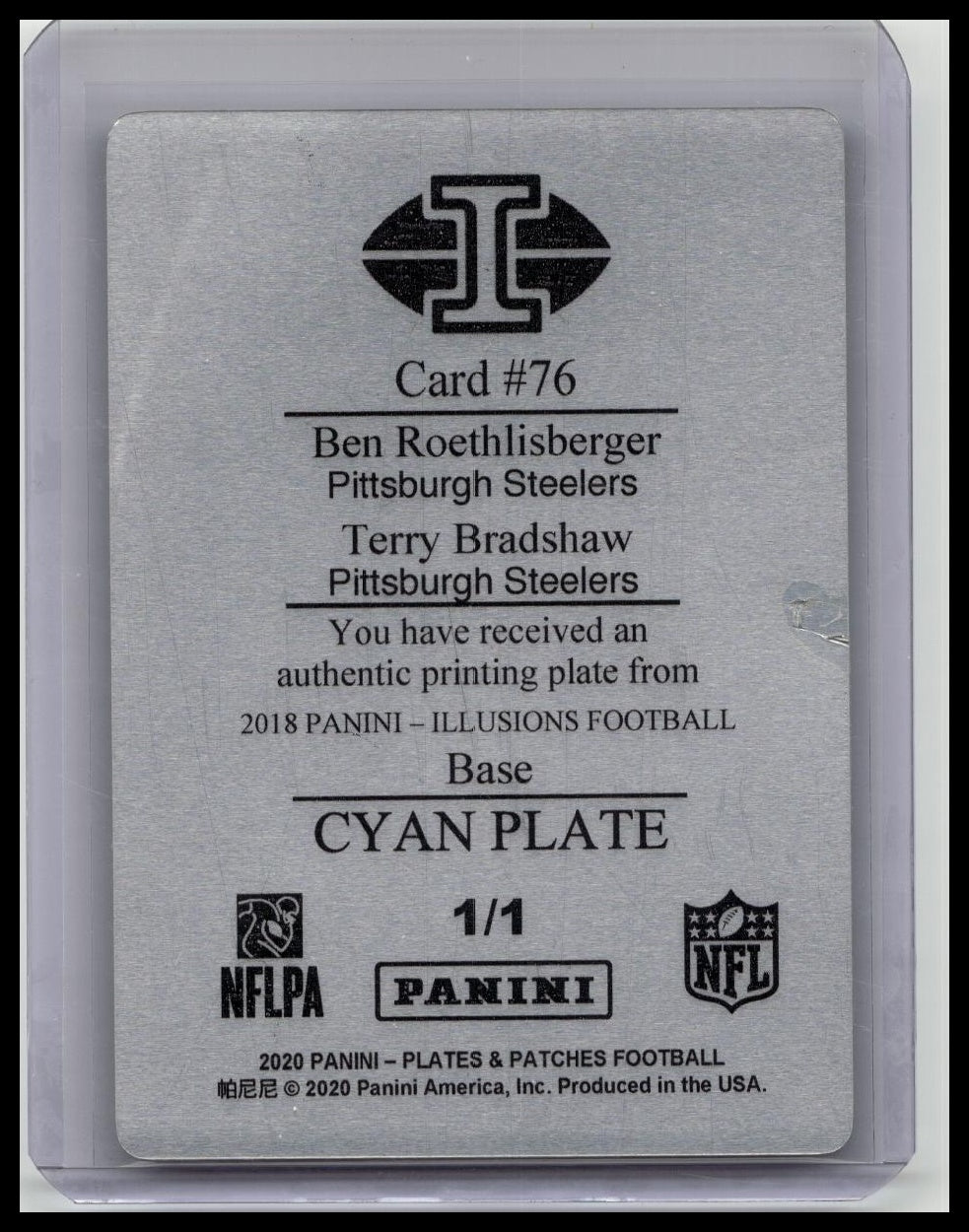 2018 Panini Illusions Ben Roethlisberger & Bradshaw Printing Plate Cyan #76 1/1 !🔥