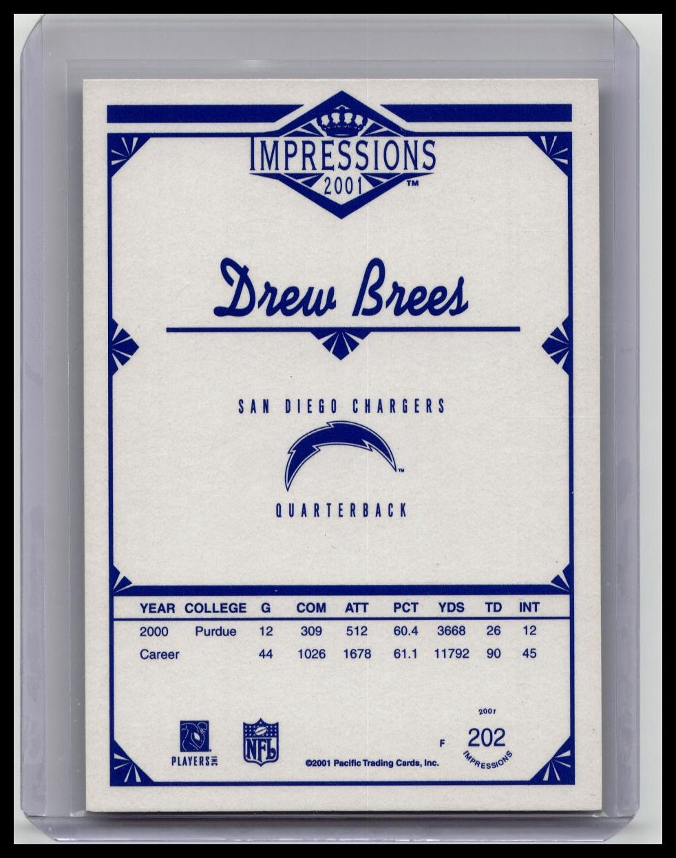 2001 Pacific Canvas Impressions Drew Brees Retail Rookie RC #202 Chargers