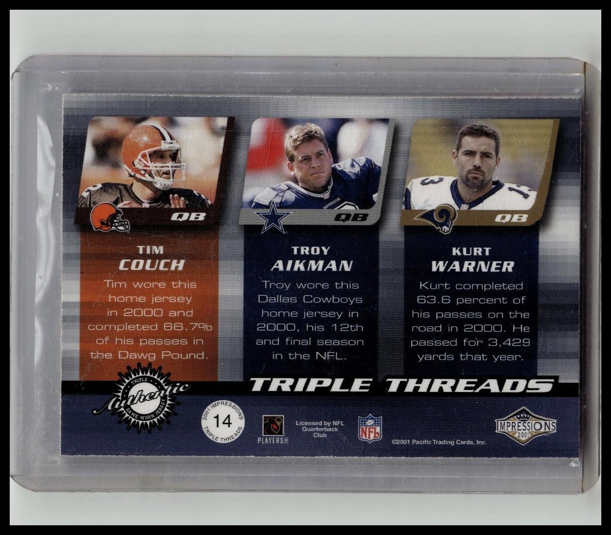 2001 Pacific Impressions Triple Threads - Couch, Aikman, Warner - Game Worn