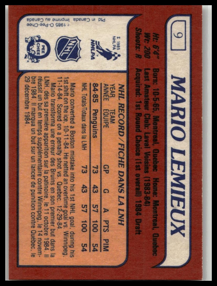 1985 O-PEE-CHEE #9 MARIO LEMIEUX RC ROOKIE