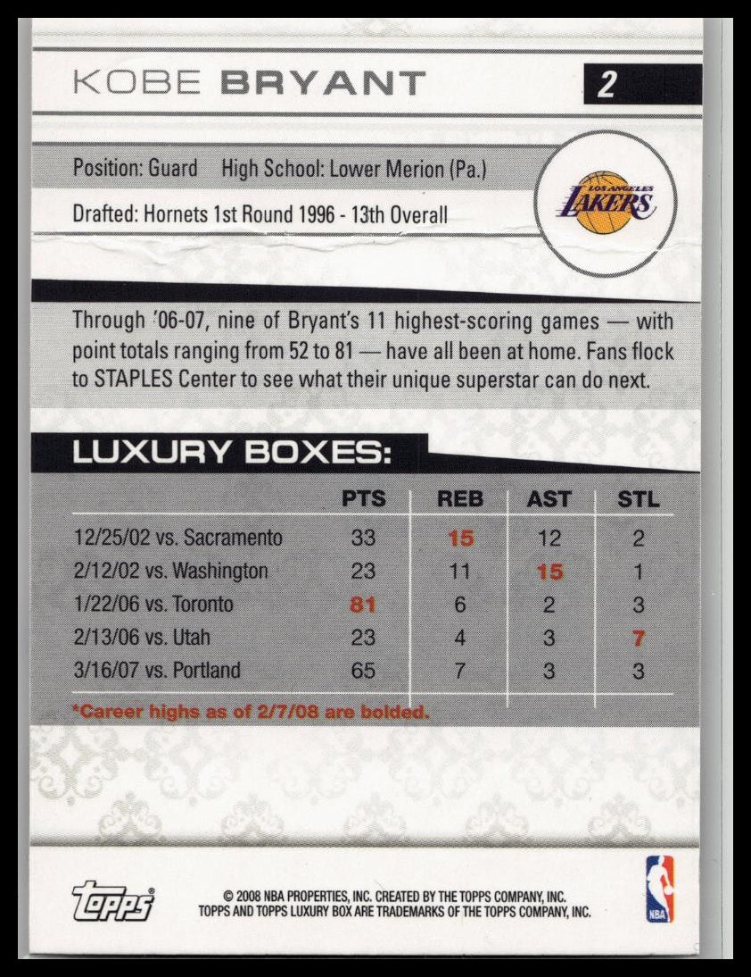 Kobe Bryant 2007-08 Topps Luxury Box #2 Lakers