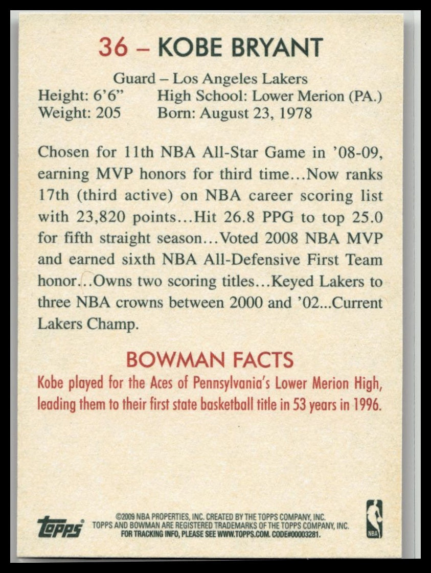 2009-10 Bowman 48 #36 Kobe Bryant LAKERS