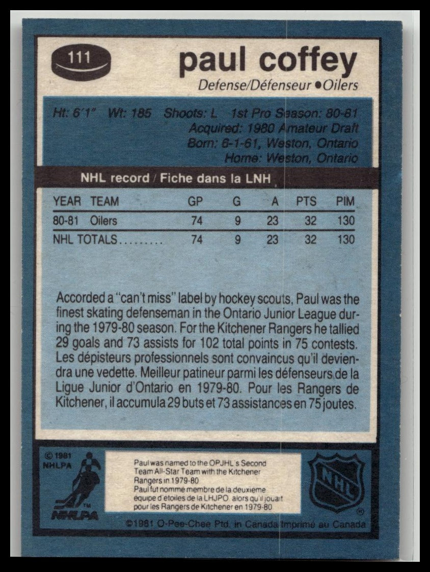 1981-82 O-Pee-Chee Paul Coffey #111 Rookie RC HOF