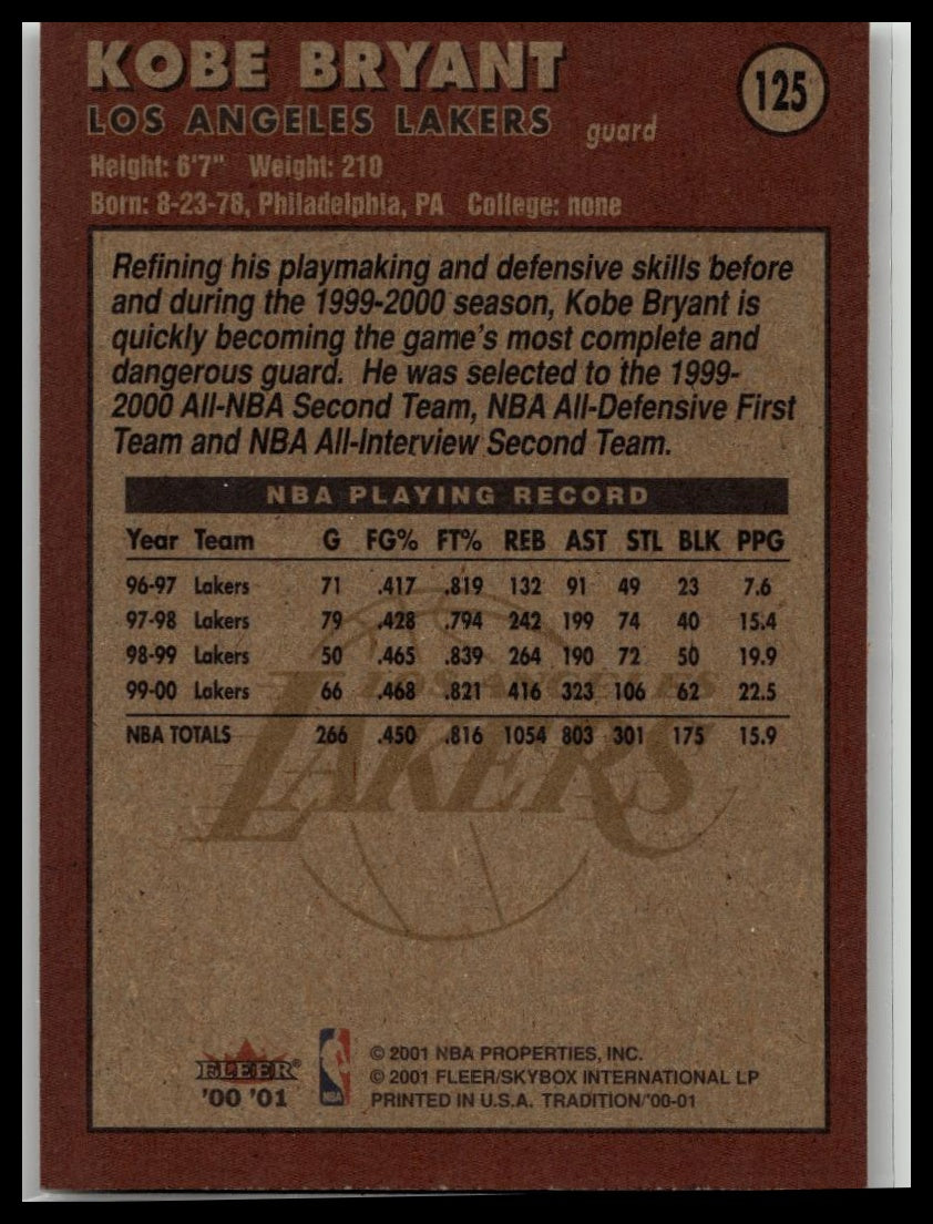 2000-01 Fleer Tradition Kobe Bryant Los Angeles Lakers #125
