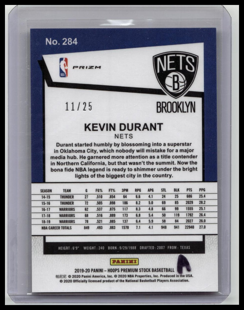 Kevin Durant 2019-20 Hoops Premium Tribute Prizm /25 #284