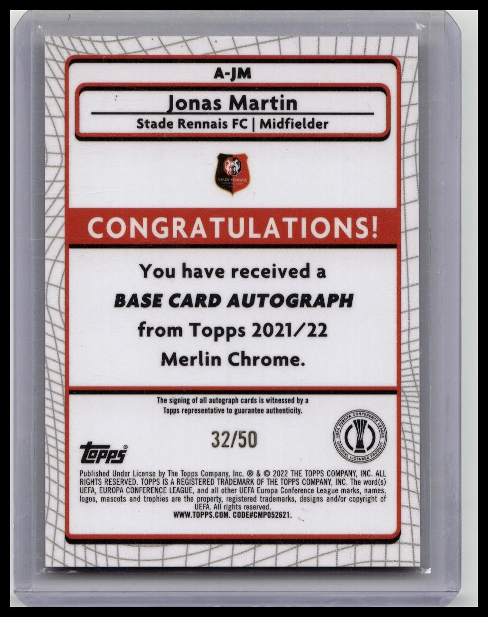 2021 Merlin Chrome UEFA Jonas Martin Auto Gold /50 #A-JM Stade Rennais FC