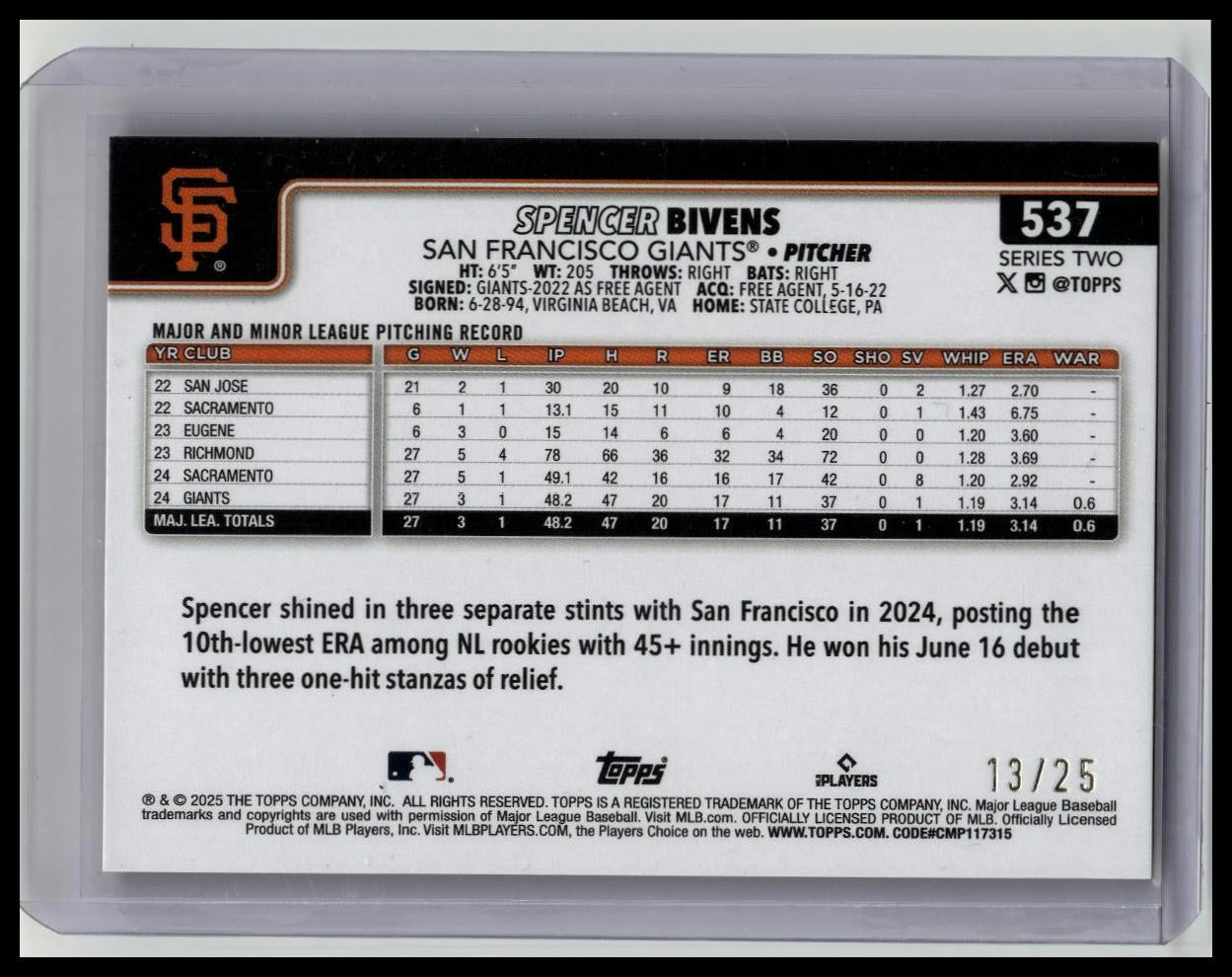 2025 Topps Series 2 - Spencer Bivens #537 Big Apple Orange Rainbow Foilboard /25