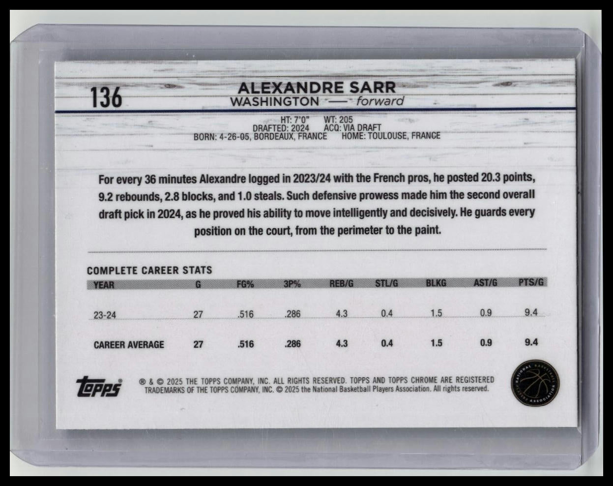 2024-25 Topps Chrome #136 ALEXANDRE SARR Green Refractor RC /99