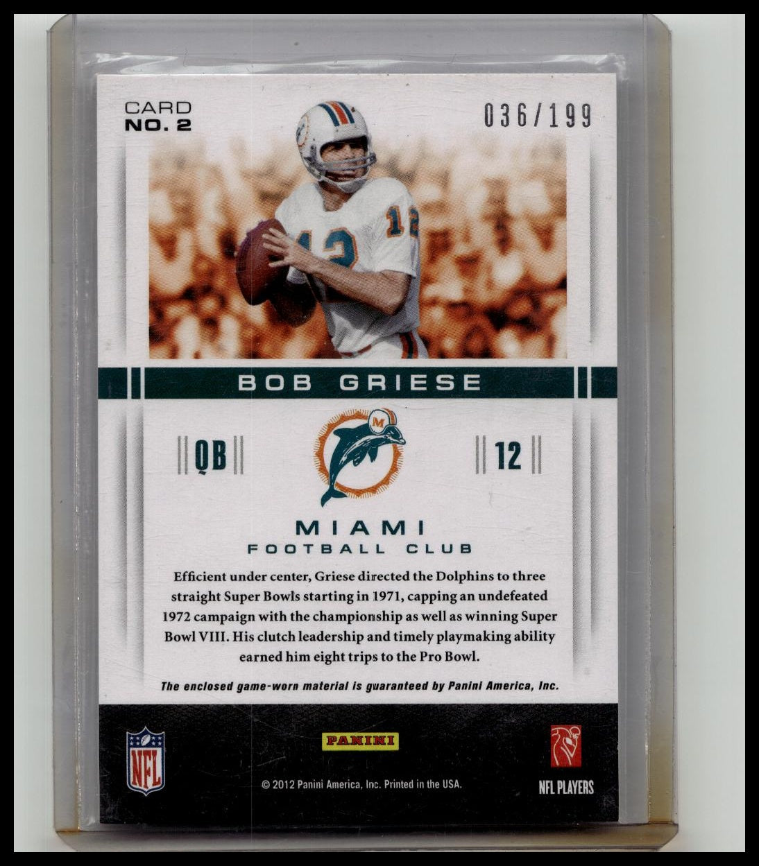 2012 Panini Momentum Materials - Bob Griese #2 036/199 SP Relic Dolphins