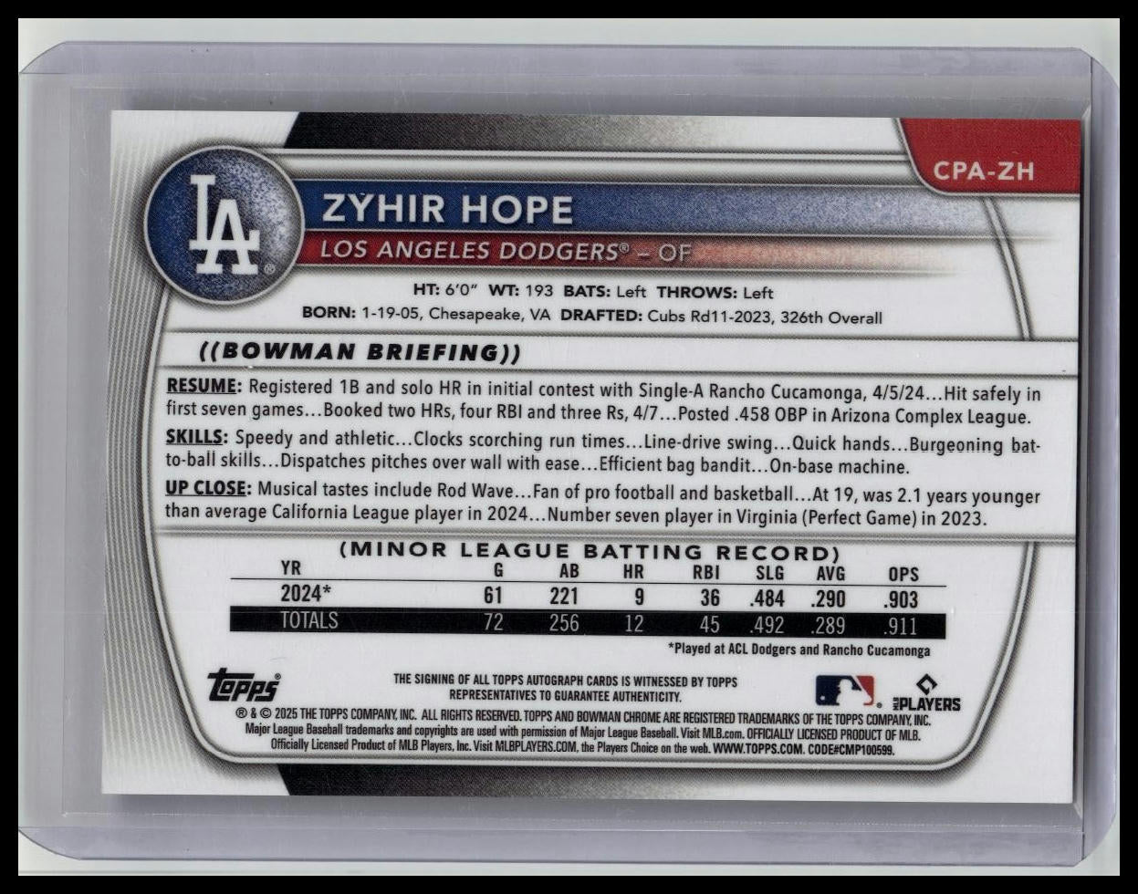 2025 Bowman Chrome Zyhir Hope HTA Mojo Refractor Auto /150 1st Dodgers