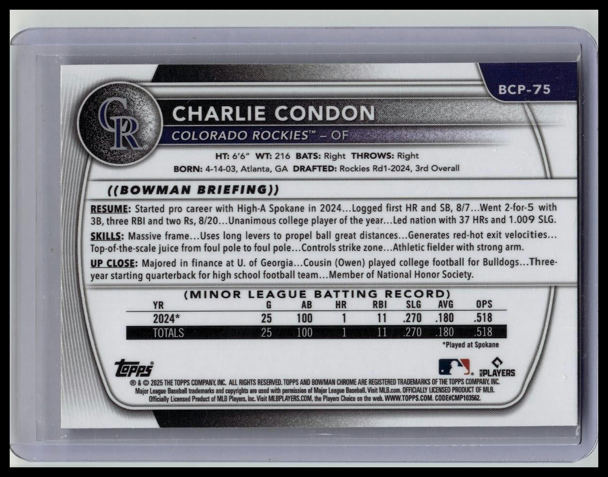 2025 Bowman Chrome Mega Charlie Condon 1st Bowman #BCP-75 Purple Mojo /250