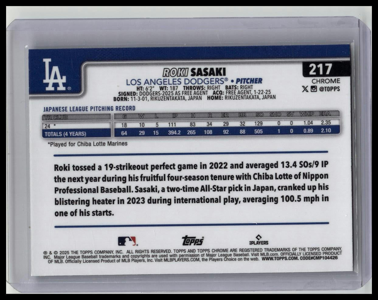 2025 Topps Chrome Logofractor Roki Sasaki Green Refractor /99 RC Dodgers