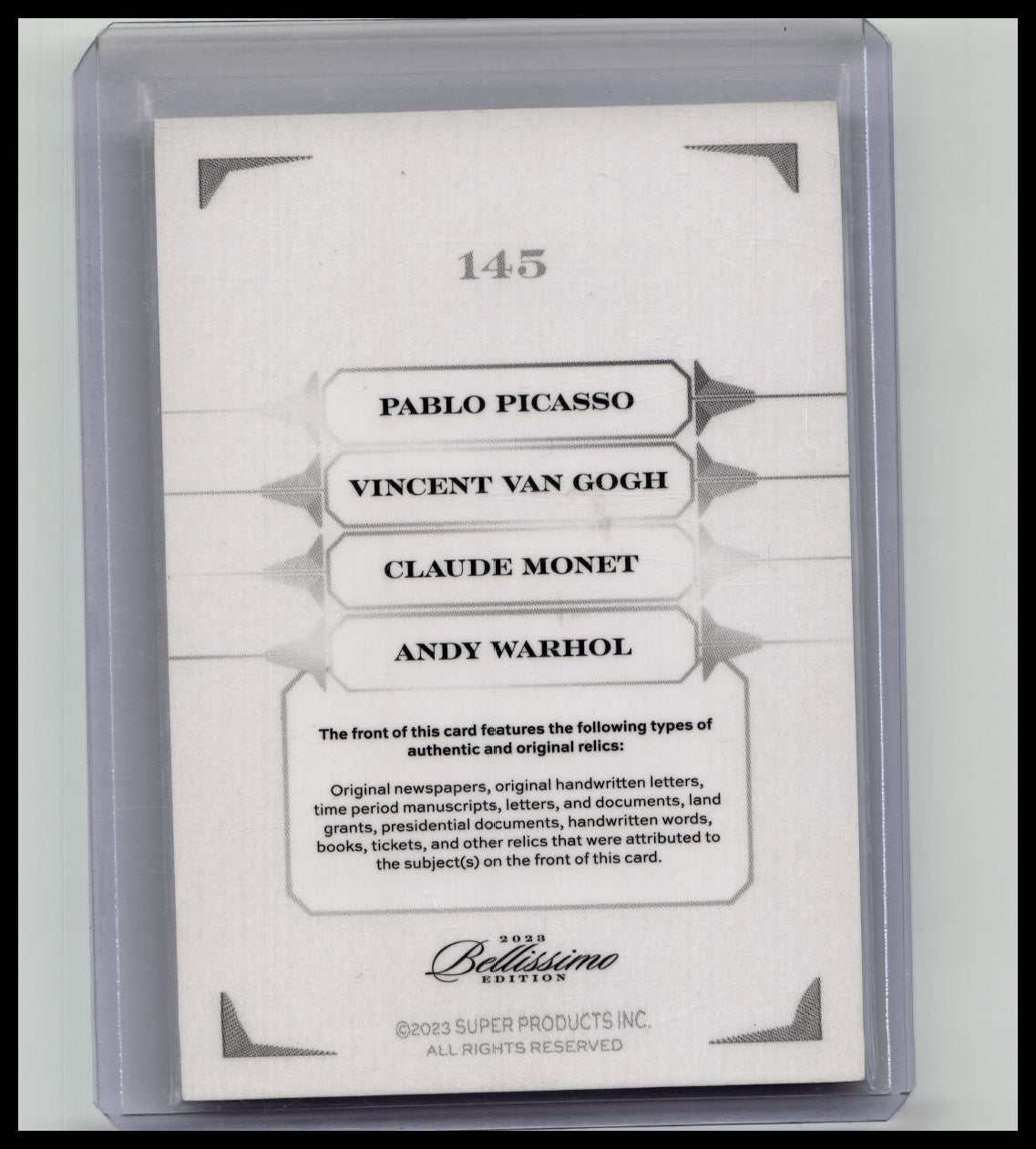 2023 BELLISSIMO QUAD RELIC #145 MONET/PICASSO/VAN GOGH/WARHOL HANDWRITTEN /99