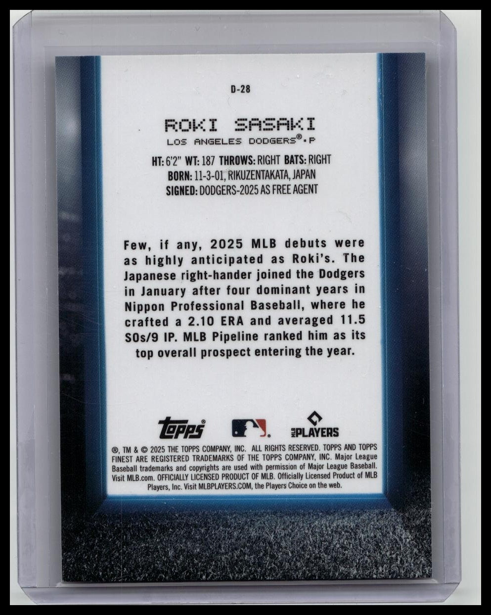 2025 Finest Debut Purple Refractors #D28 Roki Sasaki /125 ROOKIE RC DODGERS