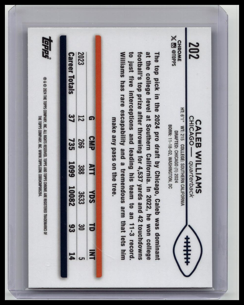 2024 Topps Chrome Caleb Williams #202 Rookie Sepia Refractor RC