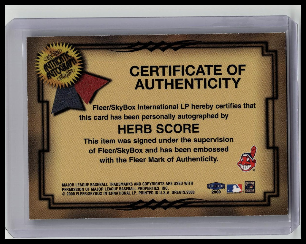 2000 Fleer Greats Of The Game Herb Score Auto Autograph On Card