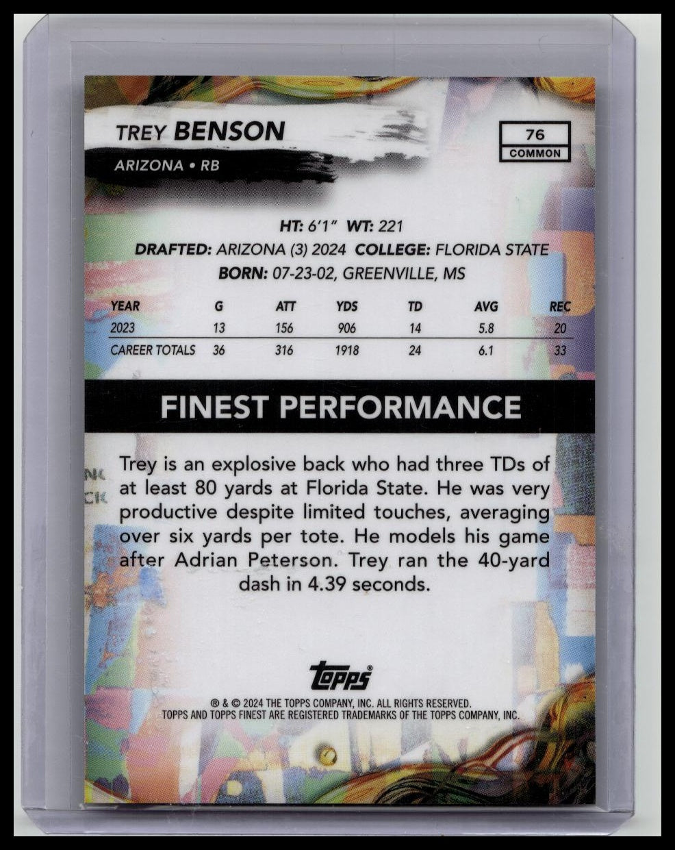 Trey Benson 2024 Finest Black Refractor ROOKIE /25