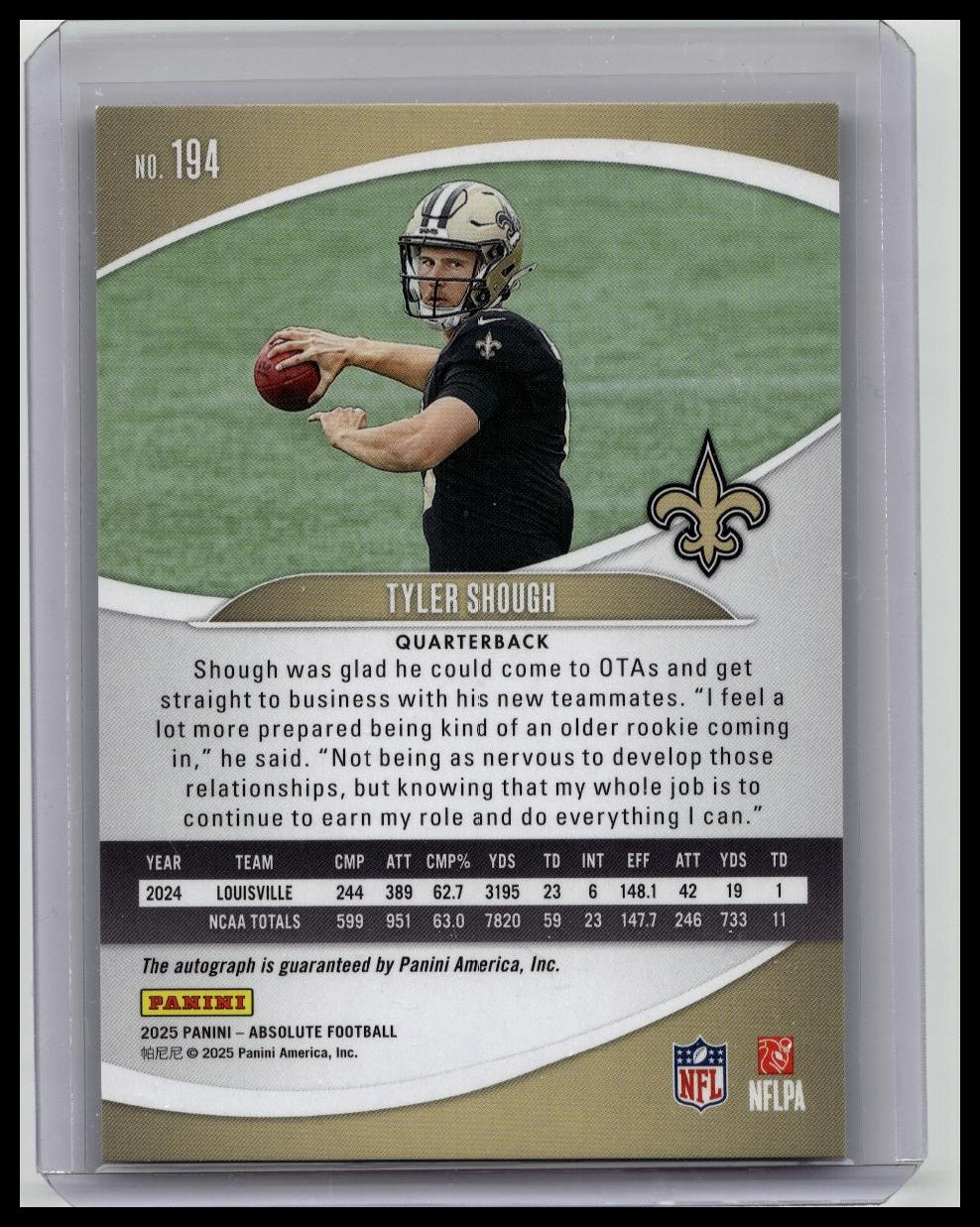 2025 Panini Absolute Tyler Shough Rookie RC Auto 09/50