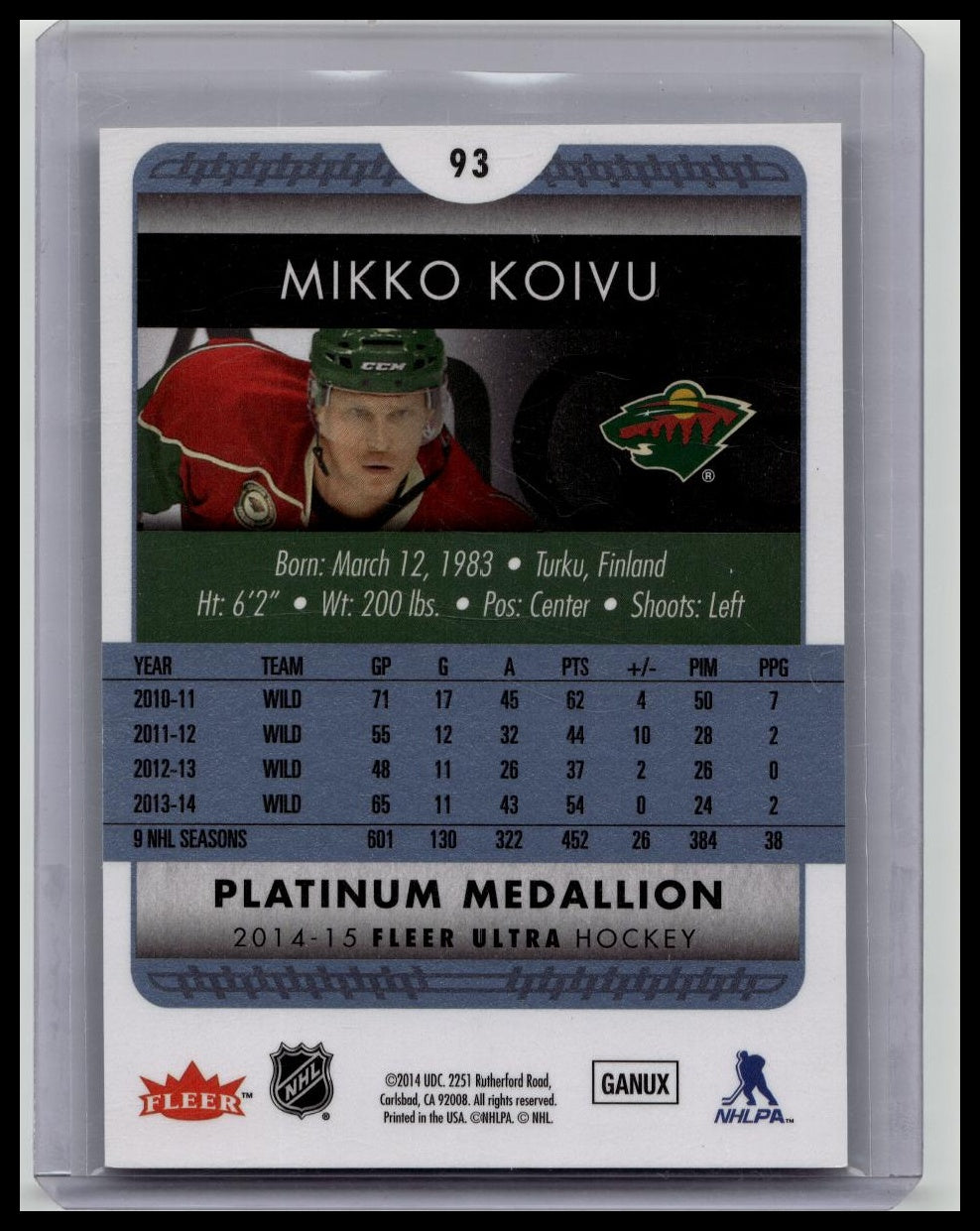 2014-15 Fleer Ultra Platinum Medallion /99 Mikko Koivu