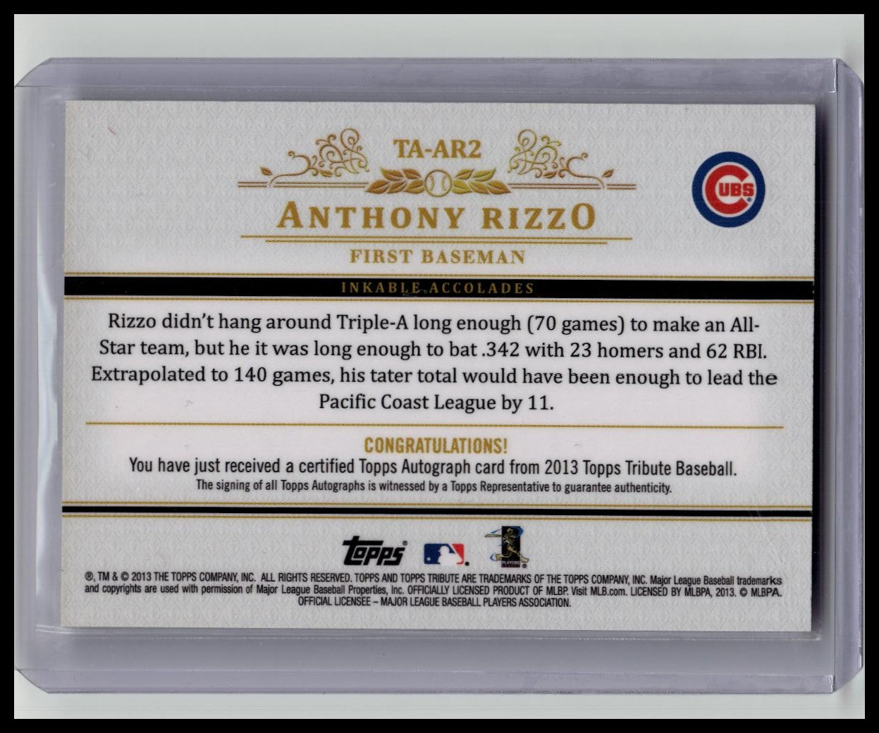 2013 Topps Tribute Anthony Rizzo On Card Auto /99