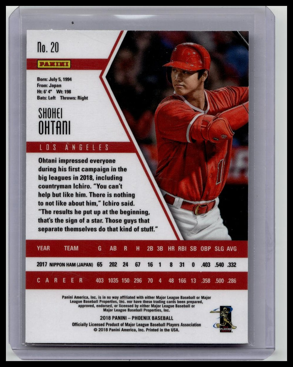 2018 Panini Chronicles Phoenix Shohei Ohtani # 20 Los Angeles Angels Rookie Card