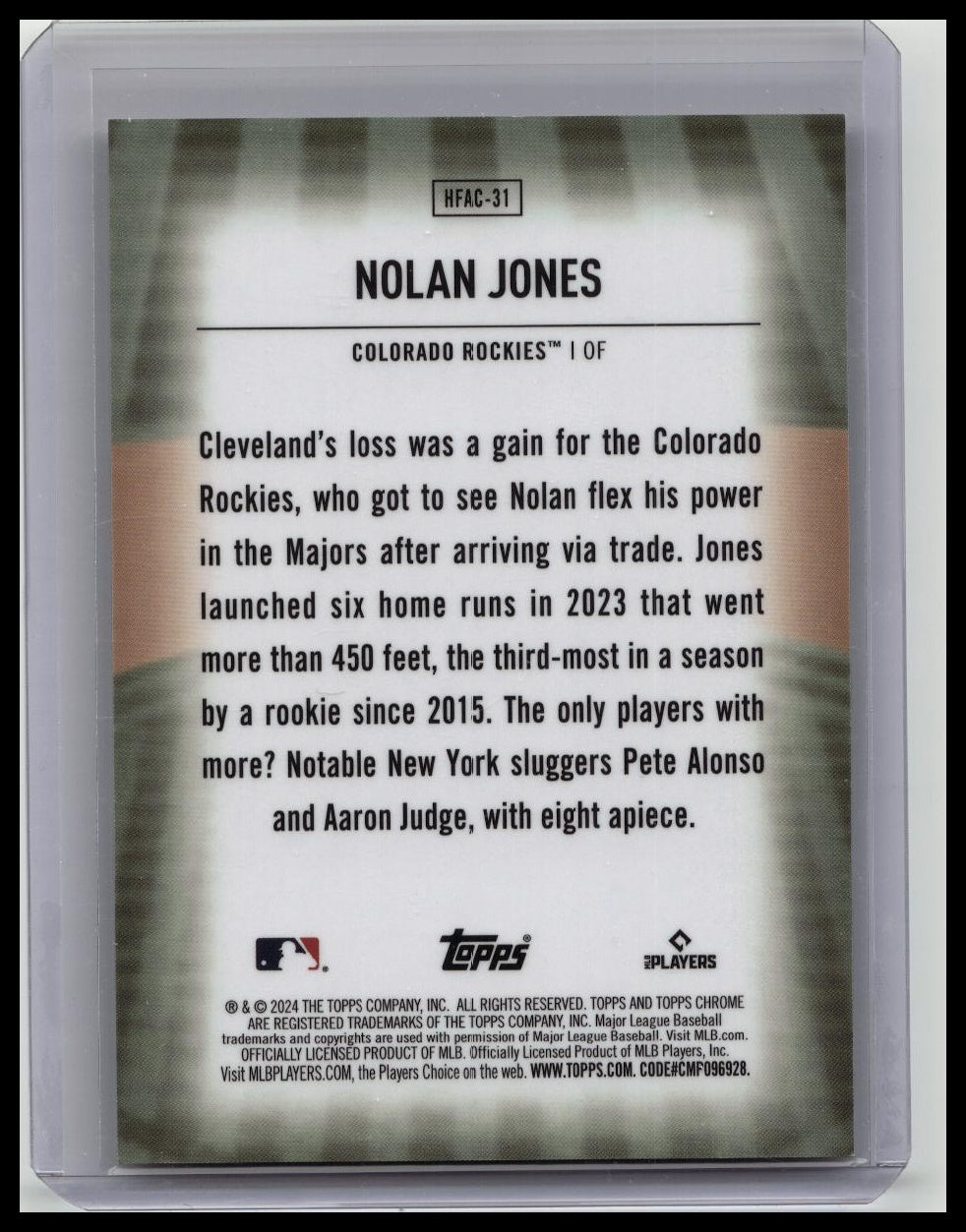Nolan Jones 2024 Topps Update Home Field Advantage Case Hit HFA SSP Rockies