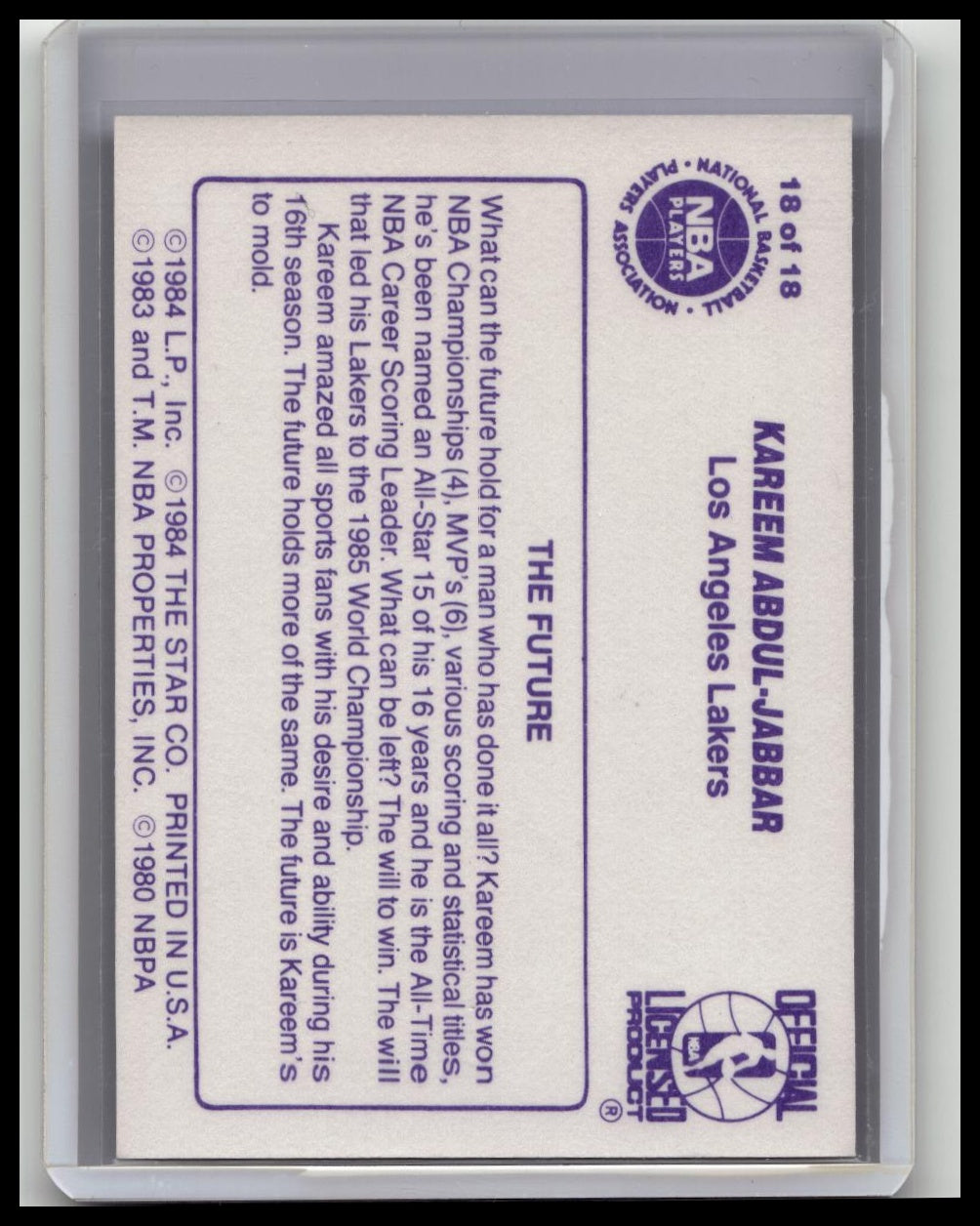 1985 Star Purple Kareem Abdul-Jabbar "The Future"