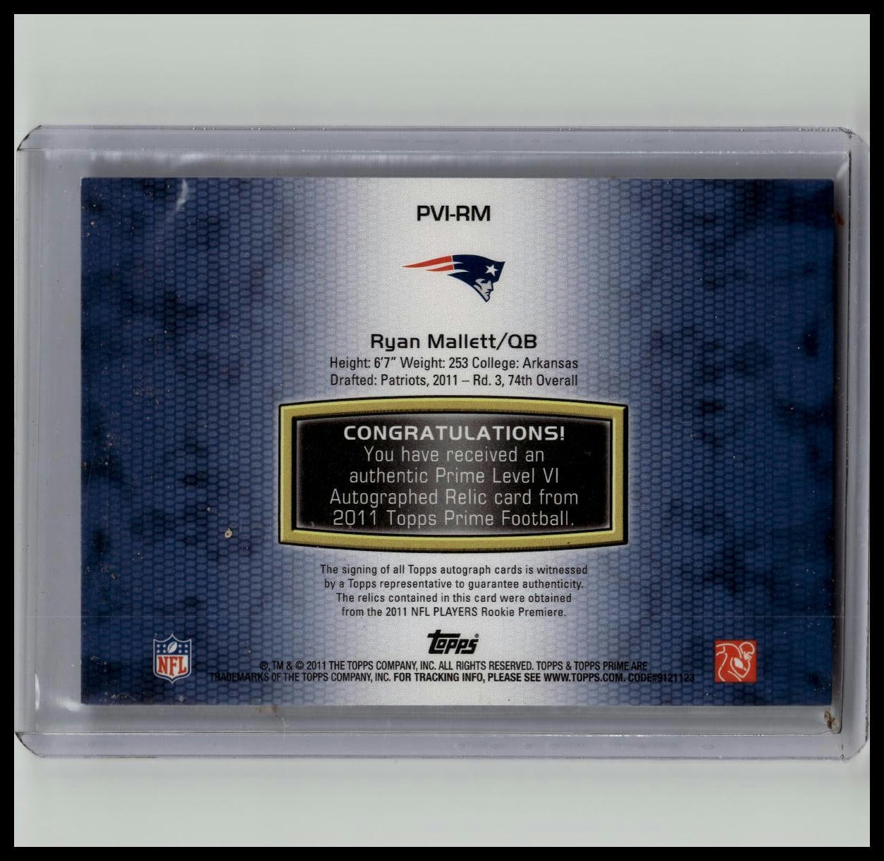 2011 Topps Prime Level VI Rookie Patch Auto Ryan Mallett RPA /515