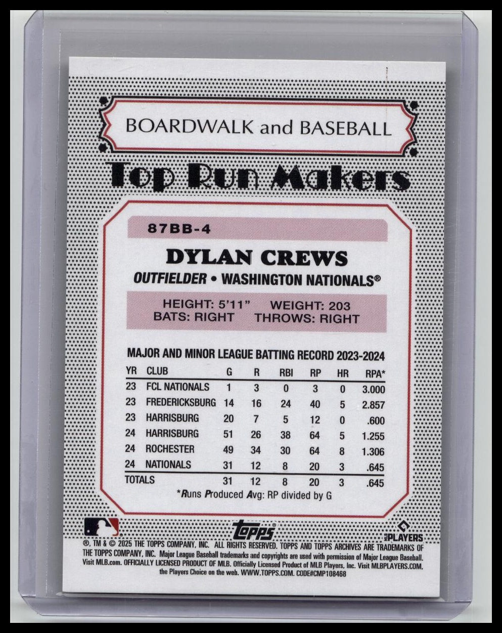 2025 Topps Archives 1987 Boardwalk & Baseball Dylan Crews Gold Rookie /50