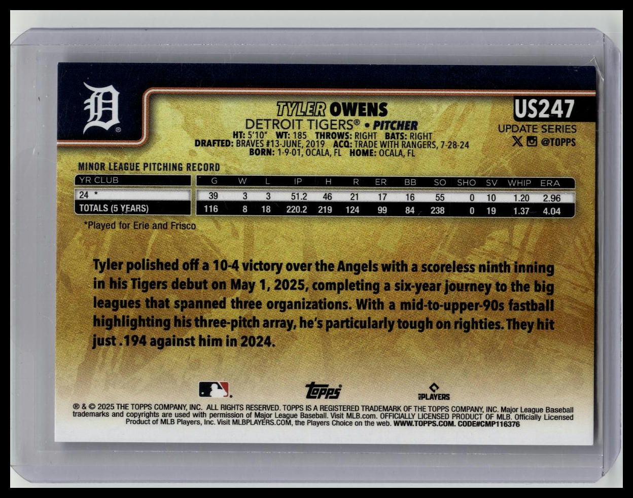 2025 Topps Update Golden Mirror Variation Rookie Tyler Owens
