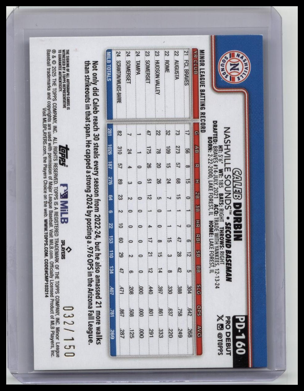2025 Topps Pro Debut Blue Auto /150 Caleb Durbin #PD-160 Nashville Sounds