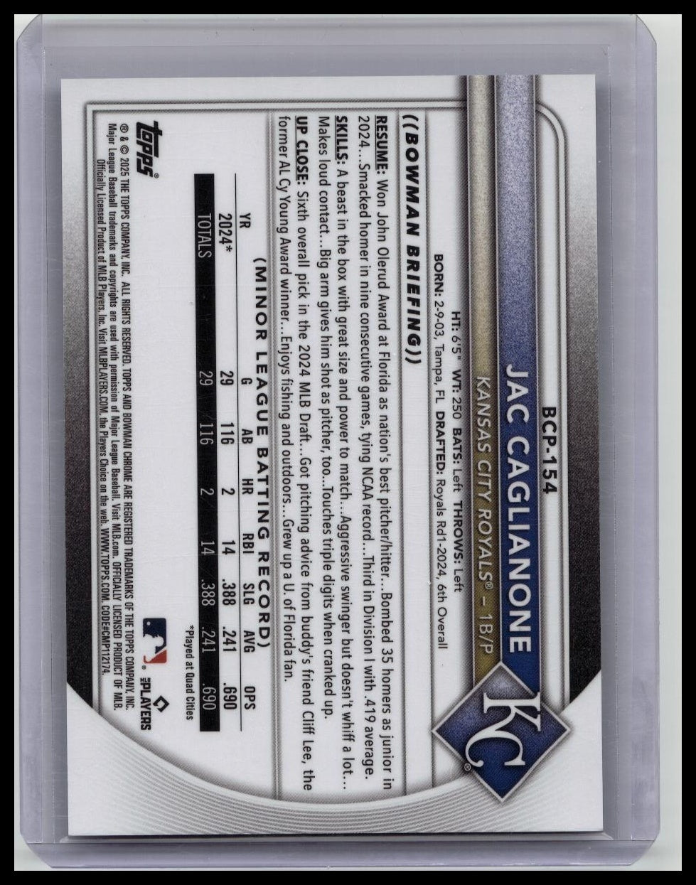 JAC CAGLIANONE 2025 BOWMAN CHROME SAPPHIRE IMAGE VARIATION ROYALS