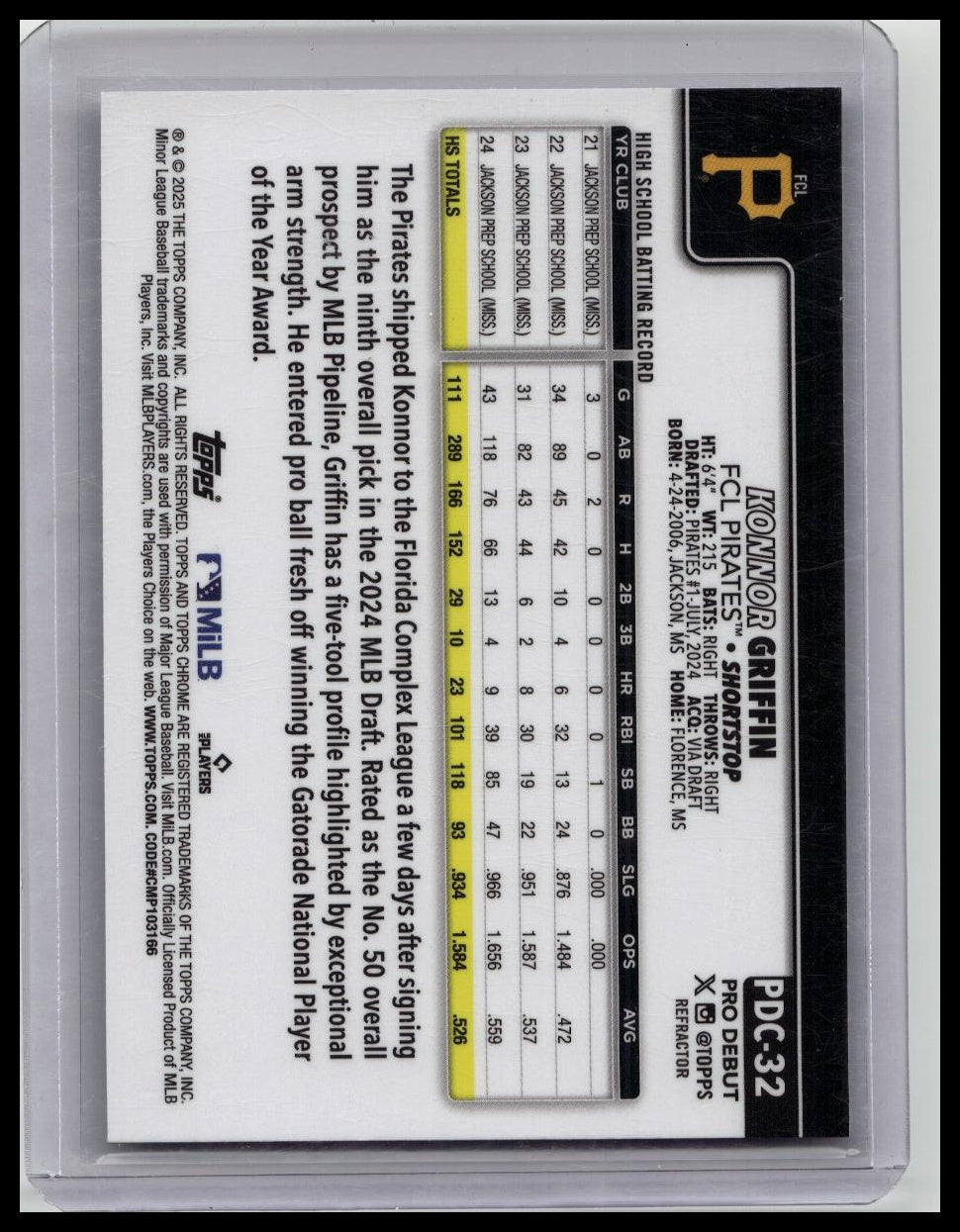 2025 TOPPS PRO CHROME DEBUT KONNOR GRIFFIN REFRACTOR /199 PIRATES