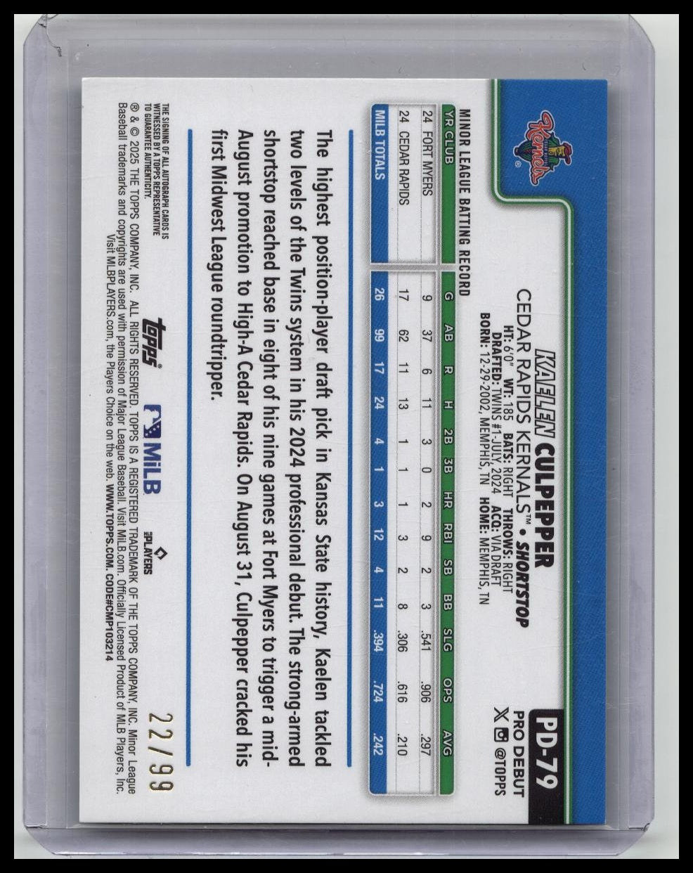 2025 Topps Pro Debut Kaelen Culpepper Auto Green /99 Minnesota Twins