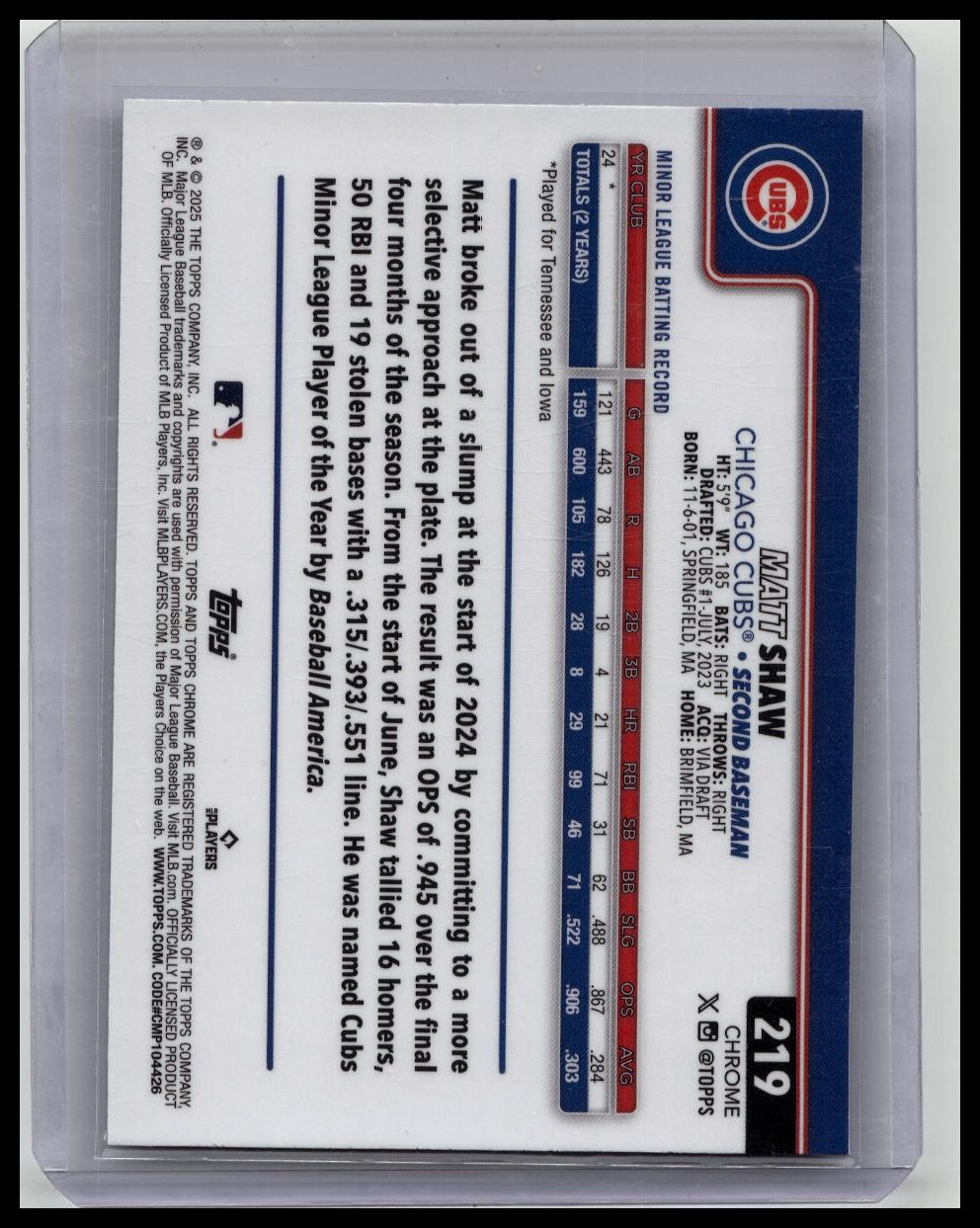 2025 Topps Chrome LOGOFRACTOR Matt Shaw /150 Blue #219 Rookie