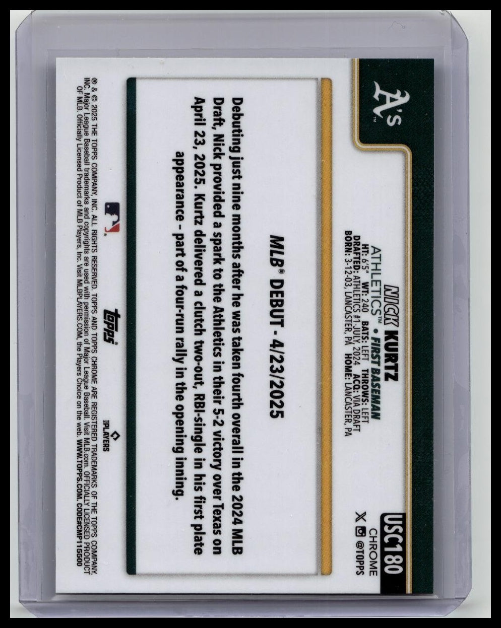 2025 Topps Chrome Update Nick Kurtz Rookie Prizm Refractor