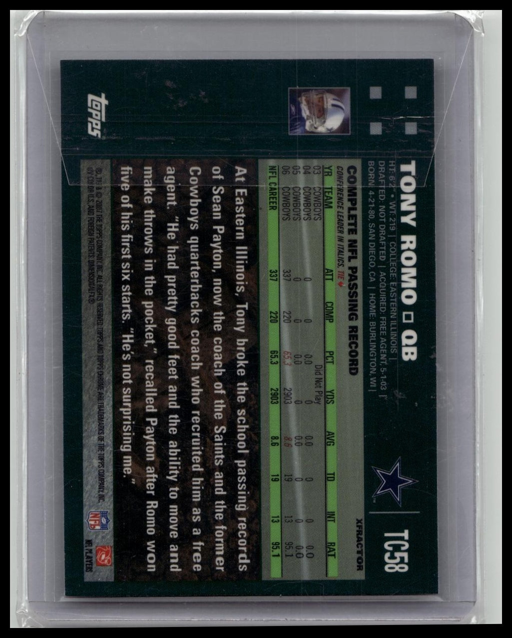 2002 Topps Chrome Tony Romo Xfractor
