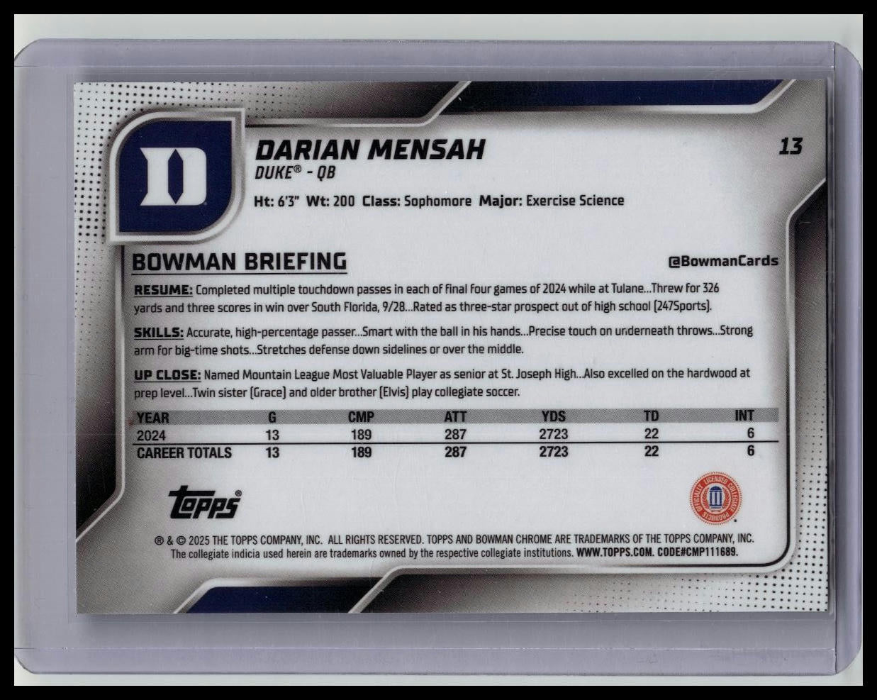 2025 Bowman Chrome U Darian Mensah Blue Mini Diamond 1st Card /150