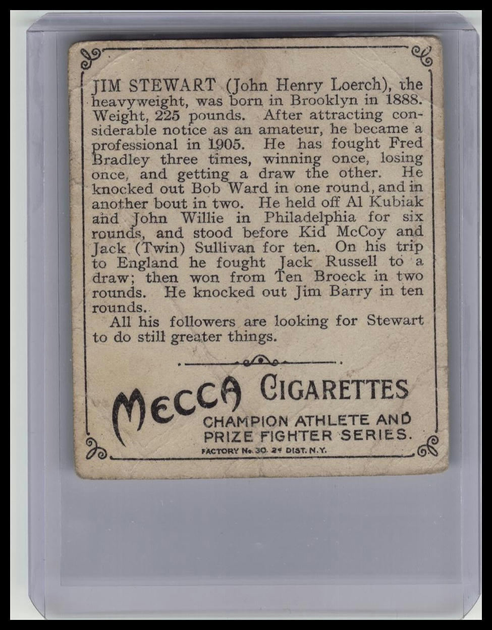 1910 ATC Champions Tobacco T218 Jim Stewart Mecca Back