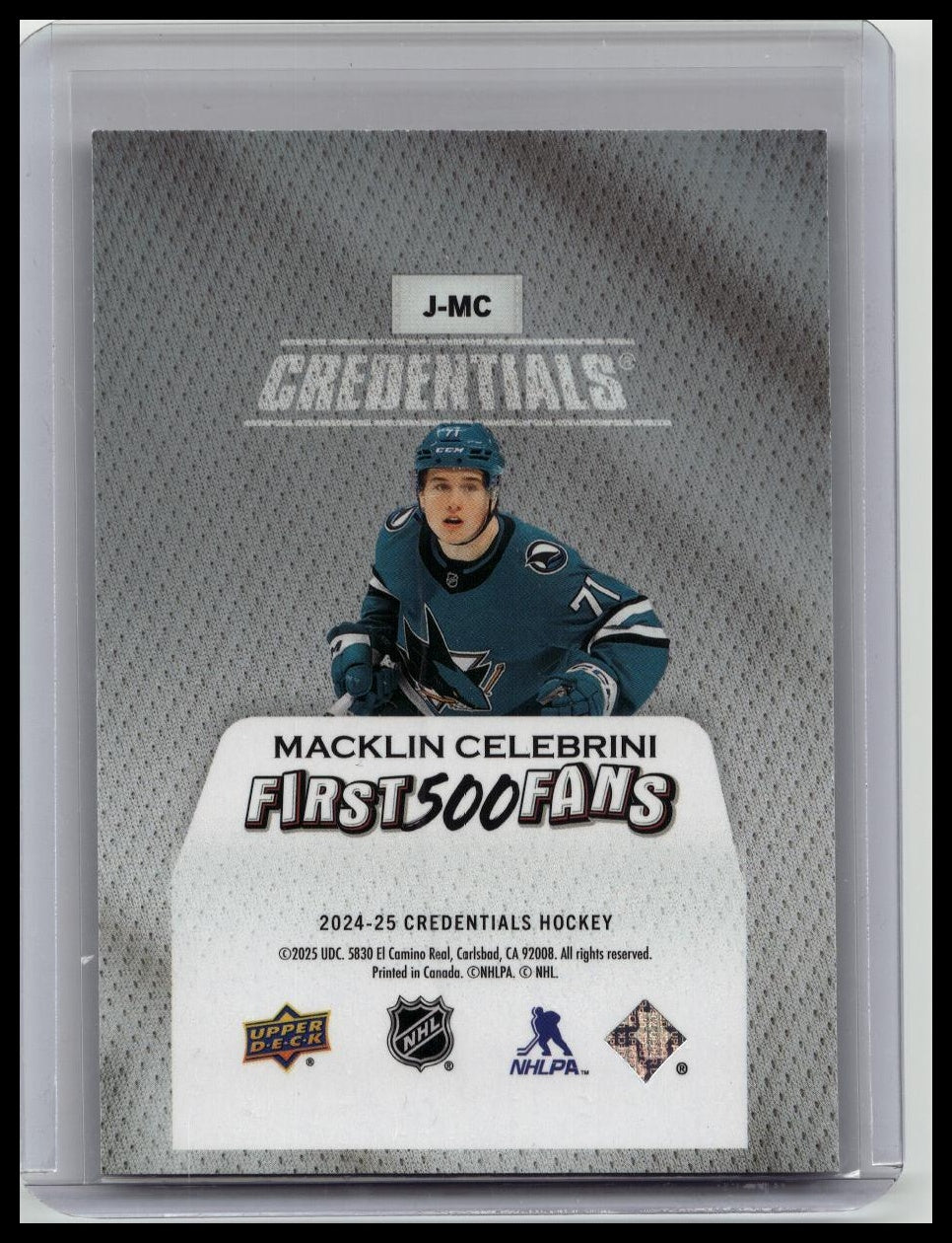 2024-25 Upper Deck Credentials Macklin Celebrini RC First 500 Fans Jersey #J-MC