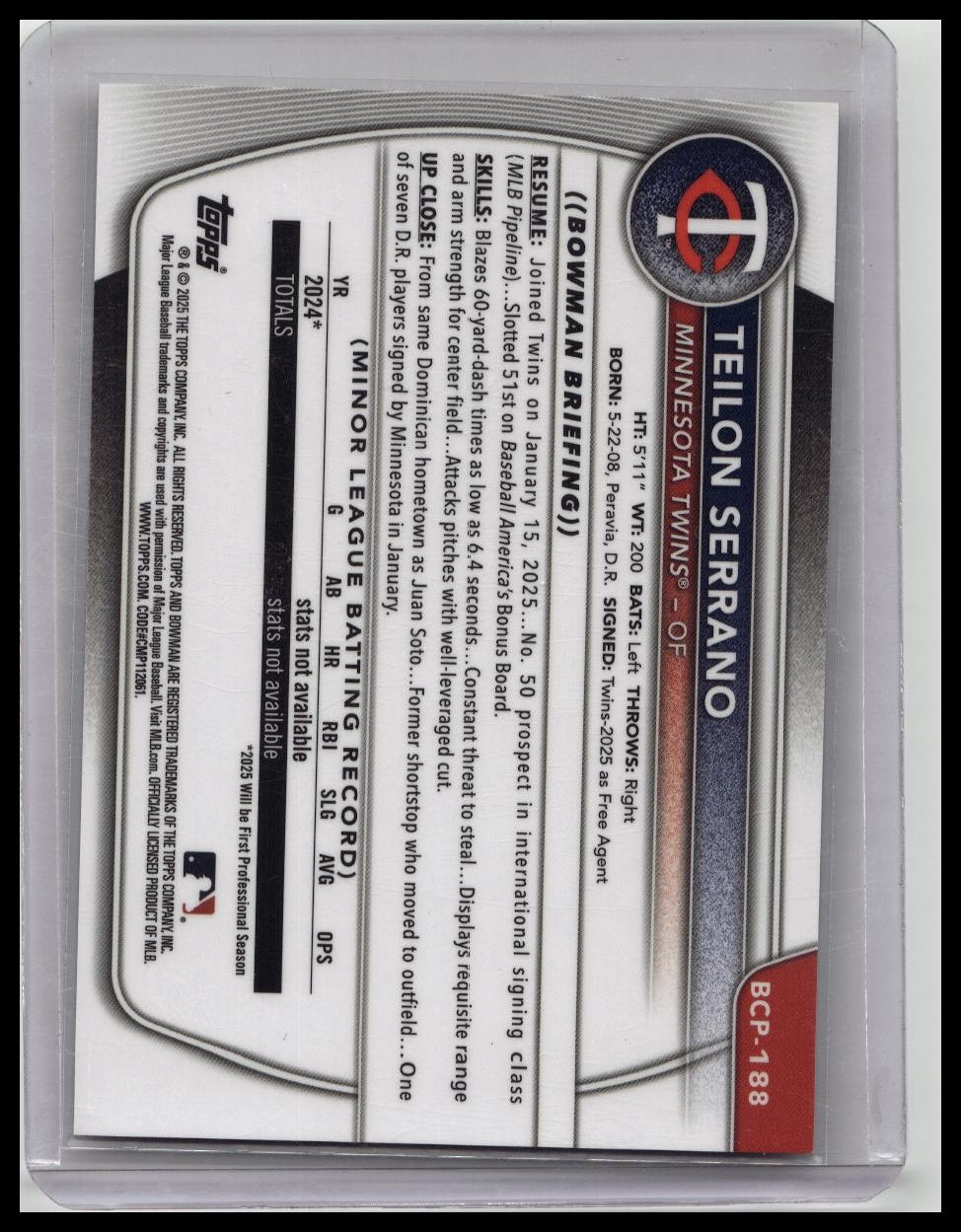 2025 Bowman Chrome Teilon Serrano Gold Refractor 1st Prospect #'d /50 Twins