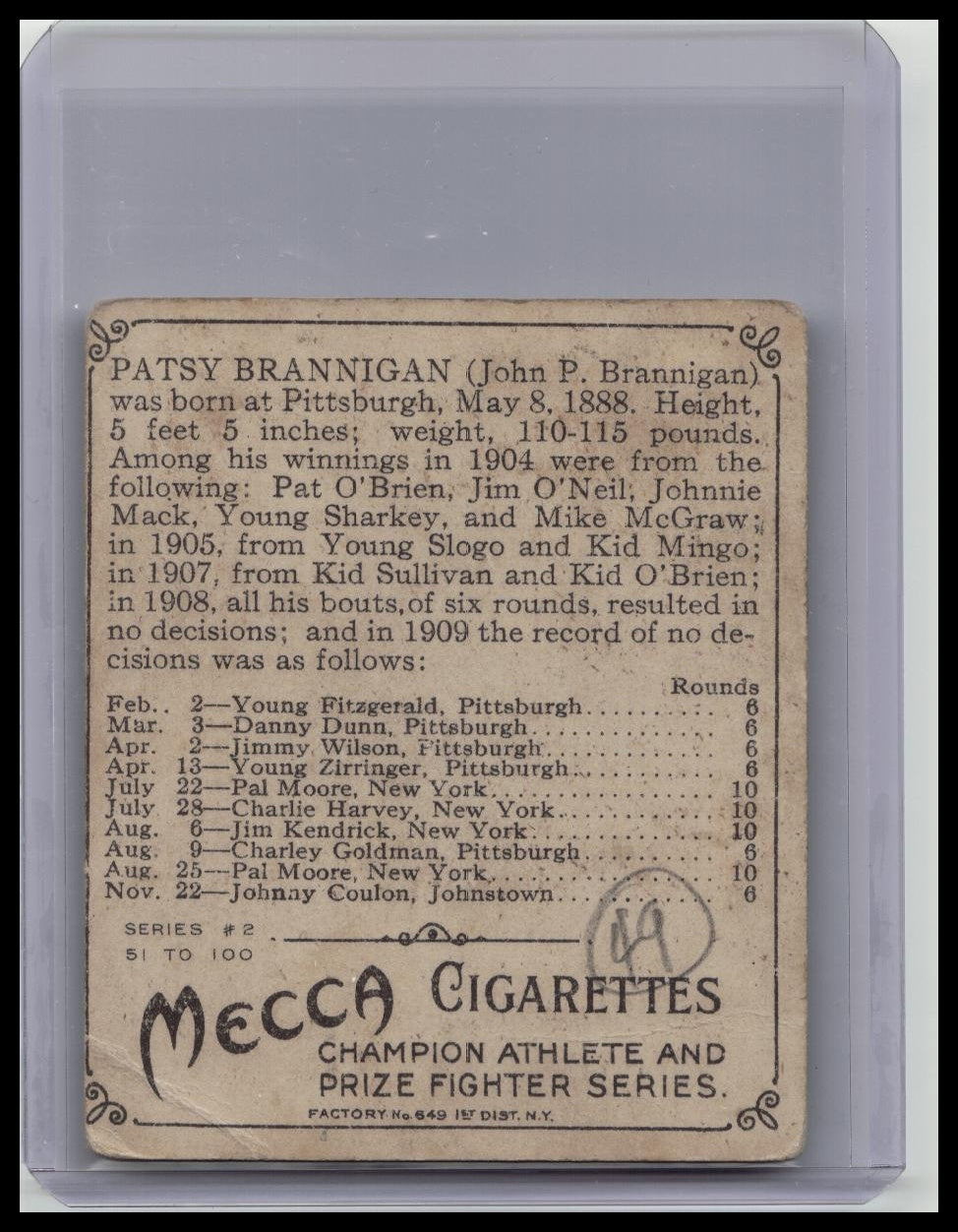 1910 ATC Champions Tobacco T218 Patsy Brannigan Mecca Back