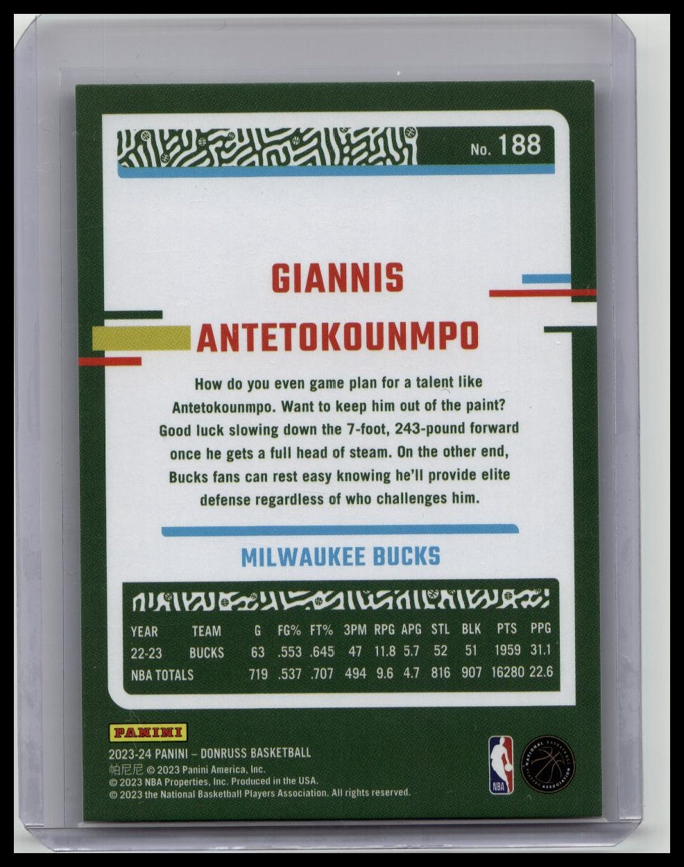 2023-24 Donruss #188 Giannis Antetokounmpo Gold Laser Holo /10