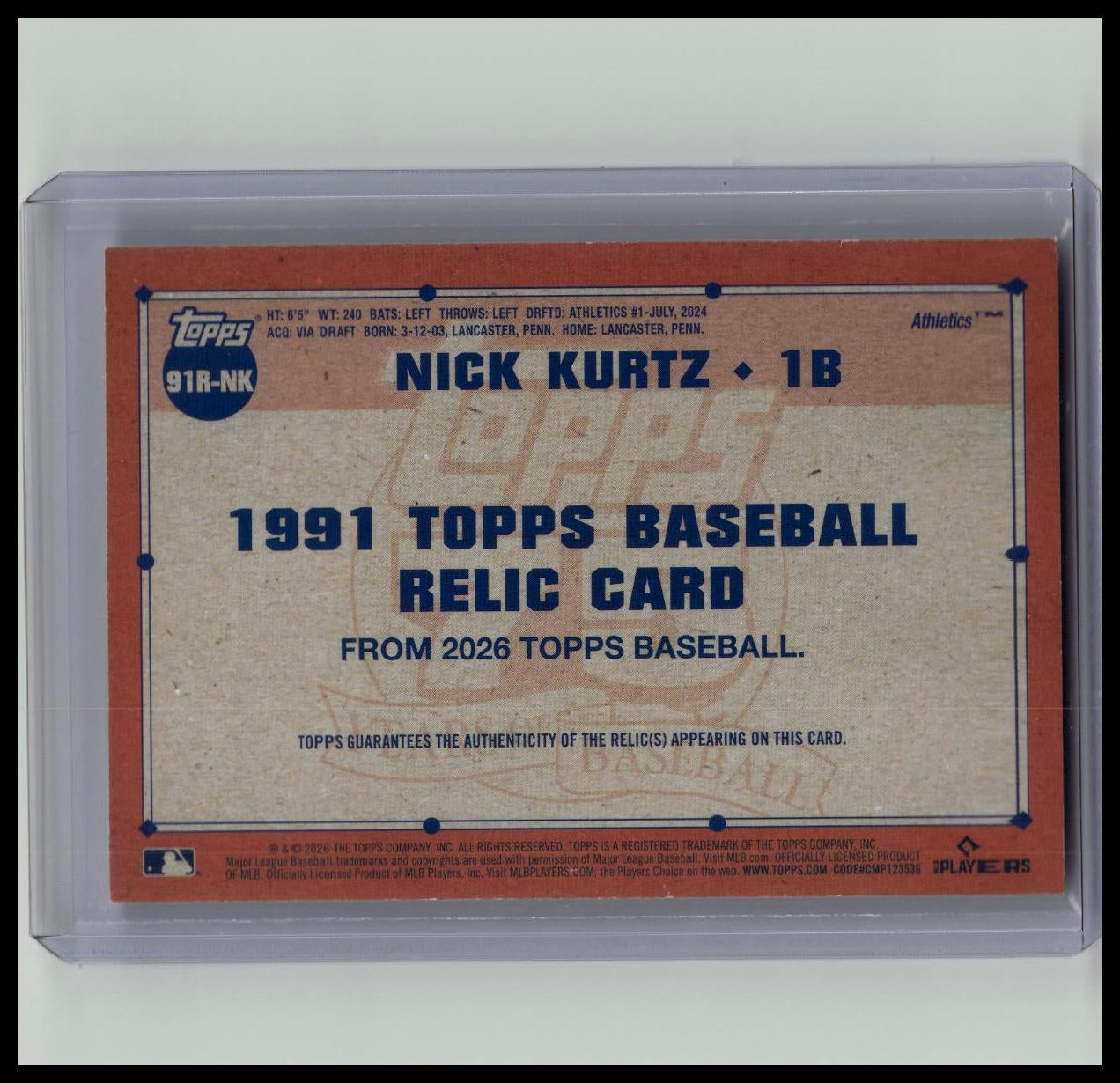2026 Topps Series 1 NICK KURTZ 1991 Topps Baseball Relic - ATHLETICS